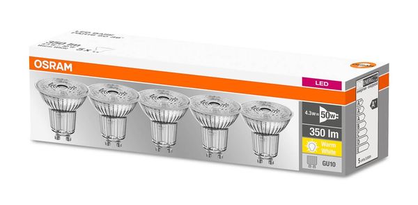 5er-Pack OSRAM BASE GU10 PAR16 LED Strahler 4,3W 350Lm 36° 2700K warmweiss wie 50W 4058075090460