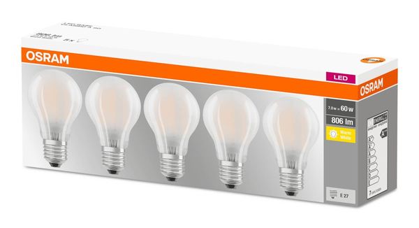 5er-Pack OSRAM BASE E27 A LED Lampe 7W 806Lm 2700K warmweiss wie 60W