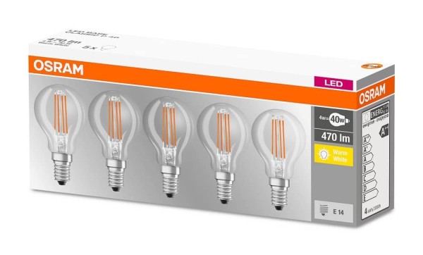 Osram 5er-Pack E14 LED Birne Base 4,0W 470Lm Warmweiss