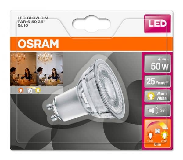 Osram GU10 LED Spot GLOWdim PAR16 4,6W 350Lm dimmbar warmweiss 1800-2700K wie 50W