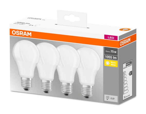 4er-Pack Osram LED Lampe BASE E27 11W 1055Lumen warmweiss 2700K, hell wie 75W Glühlampen