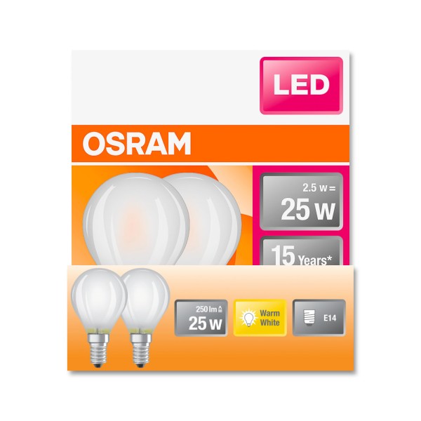 2er Pack Osram LED Lampe Retrofit Classic P FR 2.5W warmweiss E14 4058075289673 wie 25W