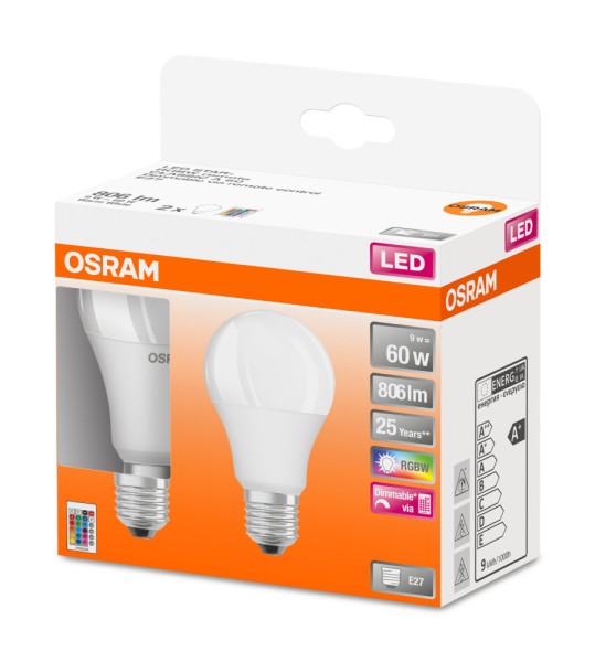 OSRAM RGBW + Fernbedienung E27 LED Birne 9W A60 Dimmbar 2-er Pack CCT matt farbwechsel wie 60W