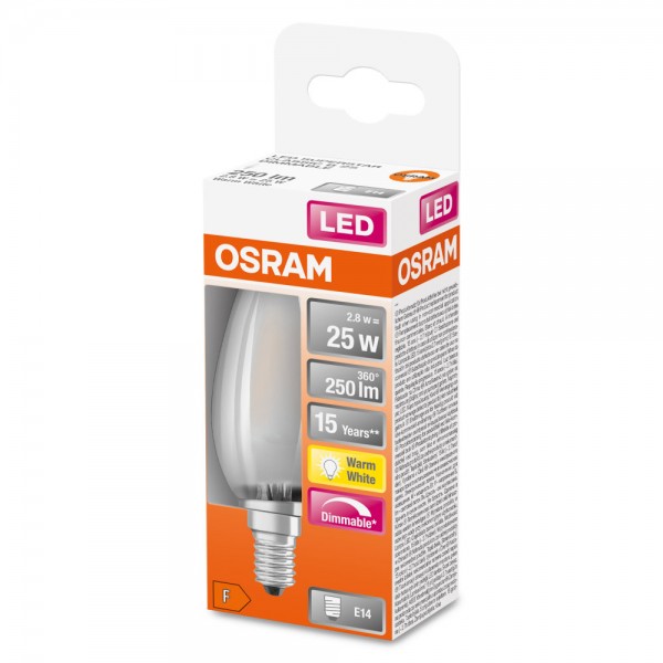 OSRAM Retrofit E14 LED Kerze 2,8W B25 Dimmbar Filament matt warmweiss wie 25W
