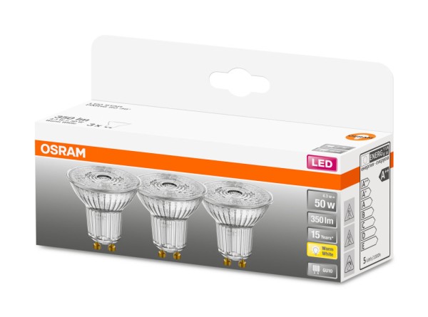 OSRAM STAR GU10 / PAR16 LED Strahler 4,3W 36° 3-er Pack klar warmweiss wie 50W