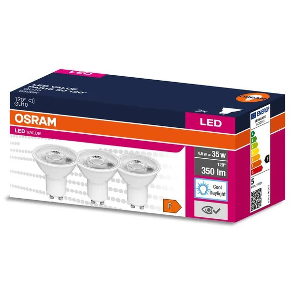 OSRAM 3er-Pack LED Strahler VALUE PAR16 5W GU10 tageslichtweiss kalt 6500K wie 50W Halogenspot 4058075497597
