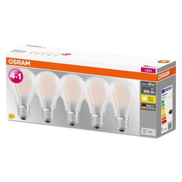 Osram 5er-Pack E27 LED Lampe Filament 6W 806Lm warmweiss wie 60W Glühlampe