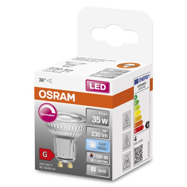 OSRAM LED Spot Strahler Superstar GU10 3,4W 230lm neutralweiss 4000K 36° dimmbar 90Ra wie 35W