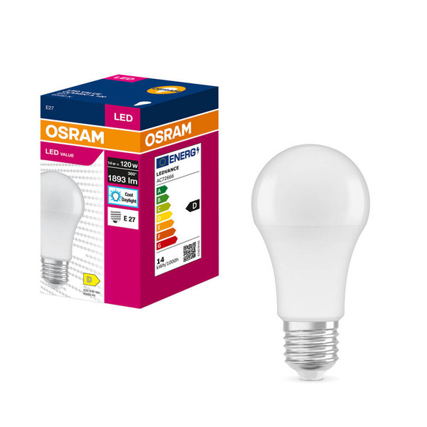 OSRAM LED Lampe E27 Value Classic A matt A120 14W 1893lm Tageslichtweiss 6500K wie 120W 4099854546068