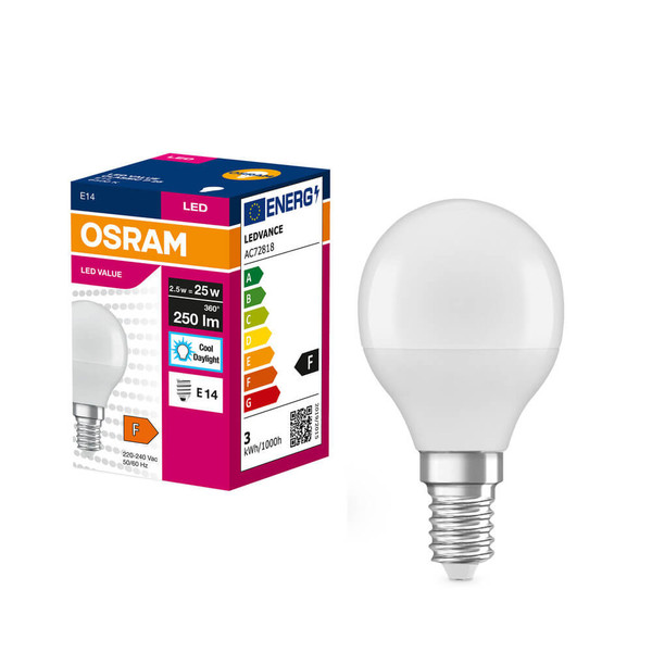 OSRAM LED Lampe E14 Value Classic P matt P25 2.5W 250lm Tageslichtweiss 6500K wie 25W 4099854548093