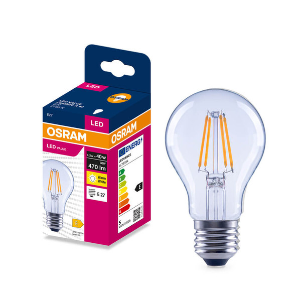 OSRAM LED Lampe E27 Classic Filament A40 4.2W 470lm Warmweiss 2700K wie 40W 4099854565120