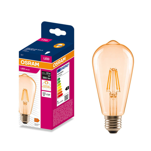 OSRAM LED Lampe E27 Edison Filament ST64 4.2W 380lm Extra-Warmweiss 2400K wie 33W 4099854565670