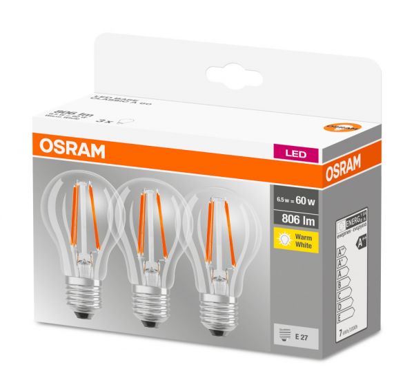 3er Pack Osram LED Lampe BASE Classic A CL 7W warmweiss E27 4058075819290 wie 60W
