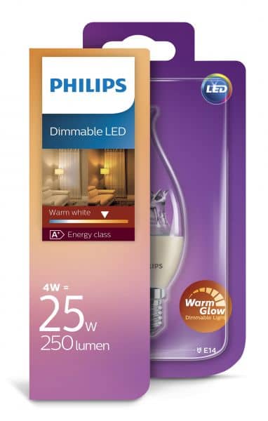 Philips E14 LED Kerze WarmGlow dimmbar 4W 250Lm warmweiss Windstoss wie 25W Glühlampe