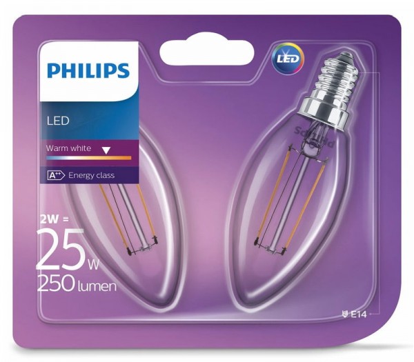 2er-Set Philips LED Kerze Classic 2W warmweiss E14 wie 25W Glühlampen