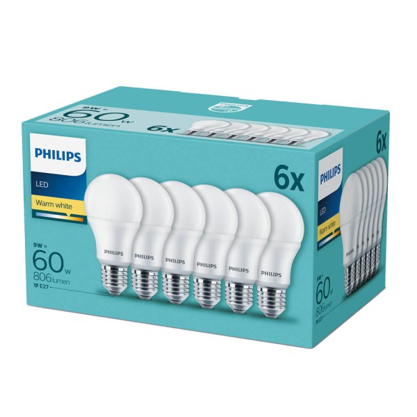 6er-Set Philips LED Birne E27 9W warmweiss wie 60W Glühlampe 806Lm 2700K 8718696829998