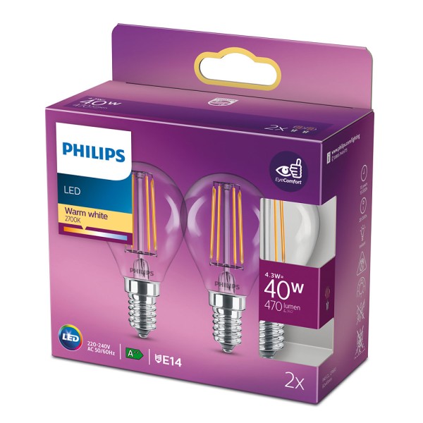 2er-Set Philips LED Birne Classic 4.3W warmweiss E14 8718699777630