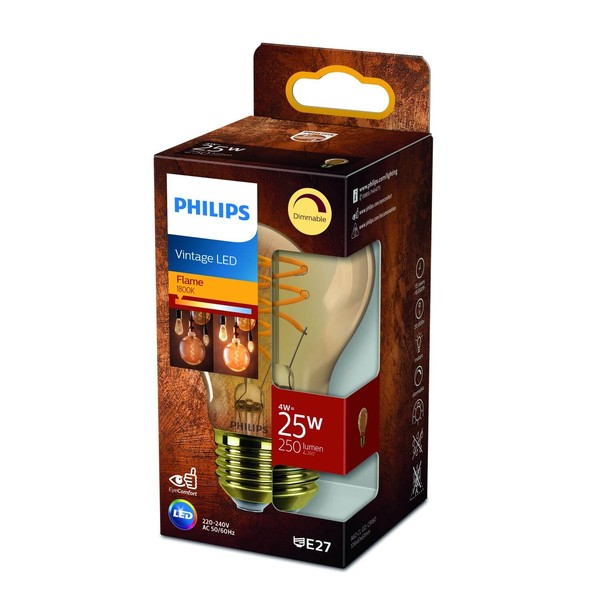 Philips Vintage-Design Filament Bernstein LED Lampe E27 dimmbar 4W 250lm extra-warmweiss 1800K wie 25W