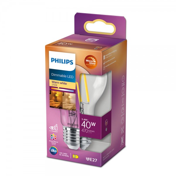 Philips E27 LED Lampe WarmGlow dimmbar 3.4W 470Lm warmweiss klar wie 40W