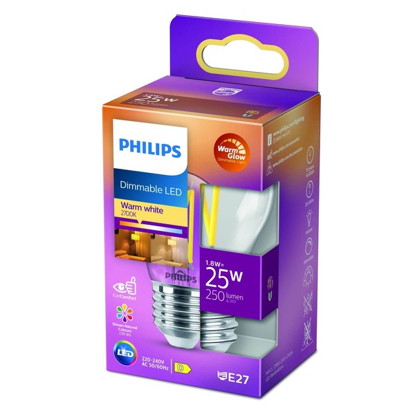 Philips kleine Kugel LED Lämpchen E27 90Ra WarmGlow dimmbar 2,5W 270lm extra+warmweiss 2200-2700K wie 25W