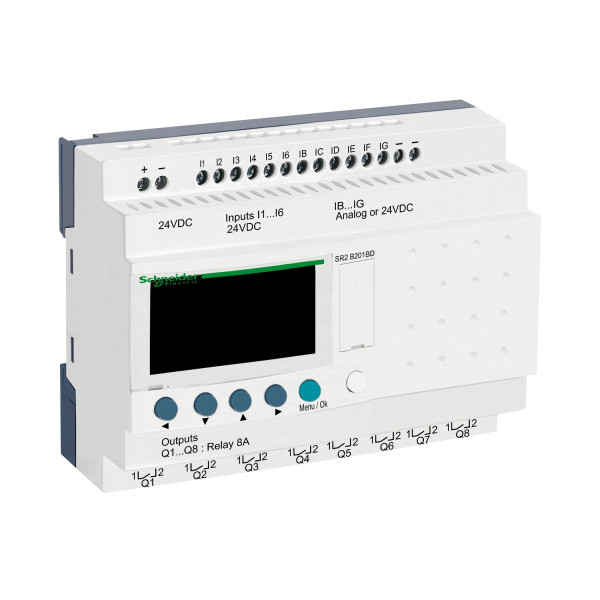 Schneider Electric SR2B201BD SPS-Steuerrelais, Zelio Logic, kompakte Ausführung, 20 E/A, 24 VDC, Display, Uhr, Relaisausgänge