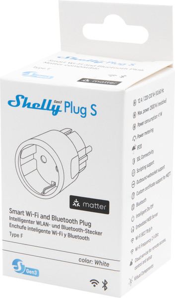Shelly Plug S Gen3, Matter - Smarte Steckdose, Weiß, Zwischenstecker WLAND, BT, Matter