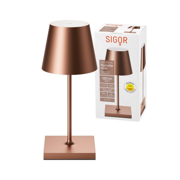 SIGOR Akku-Tischleuchte Nuindie USB-C mini 25cm bronzefarben 2,2W FlexMood 2200K/2700K IP54 dimmbar