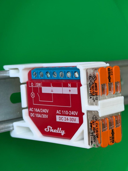 SOIXX Hutschienenhalterung für Shelly Wave, PLUS, Gen3, Gen4 mit 2x WAGO 90 Grad Weiß