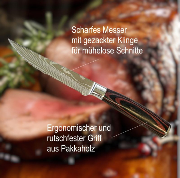 SOIXX Steakmesser 6-teilig Set,  Edelstahl, Gezackte Klinge, Holzgriff, Geschenkbox