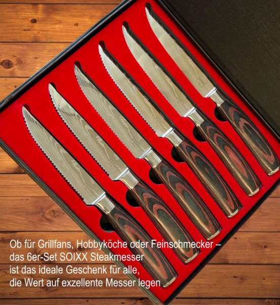 SOIXX Steakmesser 6-teilig Set,  Edelstahl, Gezackte Klinge, Holzgriff, Geschenkbox