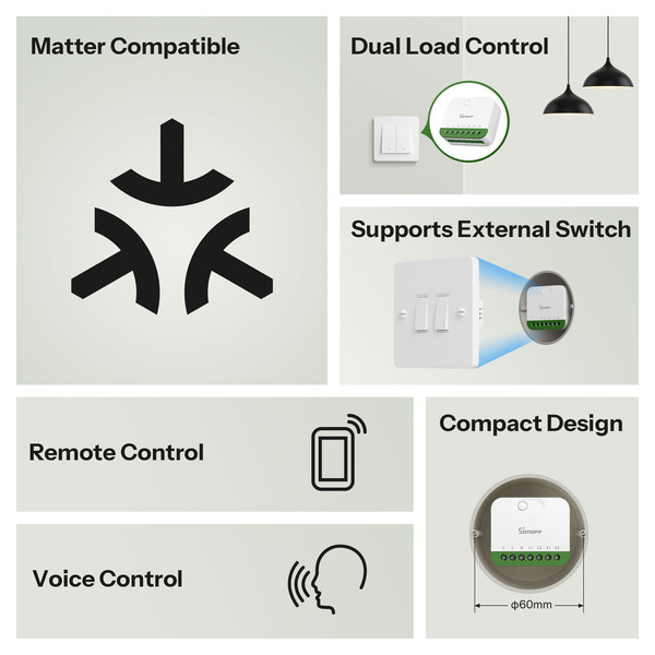 SONOFF MINI DUO 2-Gang Matter über WiFi Smart Switch, Lichtschalter Relais, 2-Fach, Unterputz, HomeKit Alexa & Google App MINI-2GS