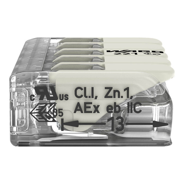 WAGO 221-685 15x Verbindungsklemme mit Hebeln, 5 Leiter, 6mm², Ex e, lichtgrau