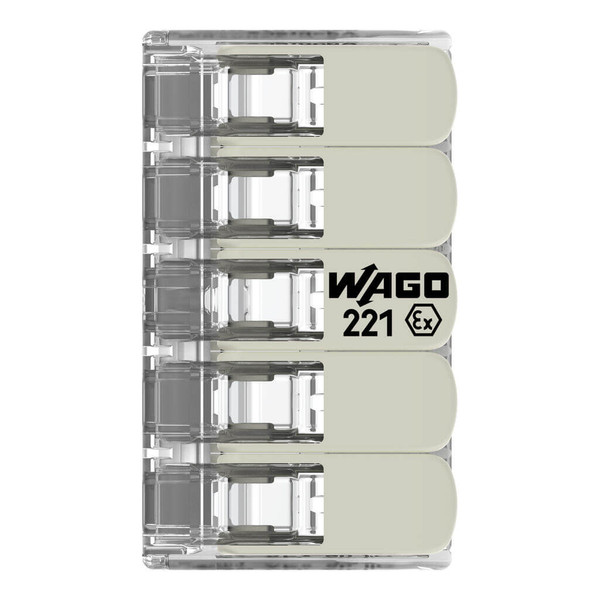 WAGO 221-685 15x Verbindungsklemme mit Hebeln, 5 Leiter, 6mm², Ex e, lichtgrau